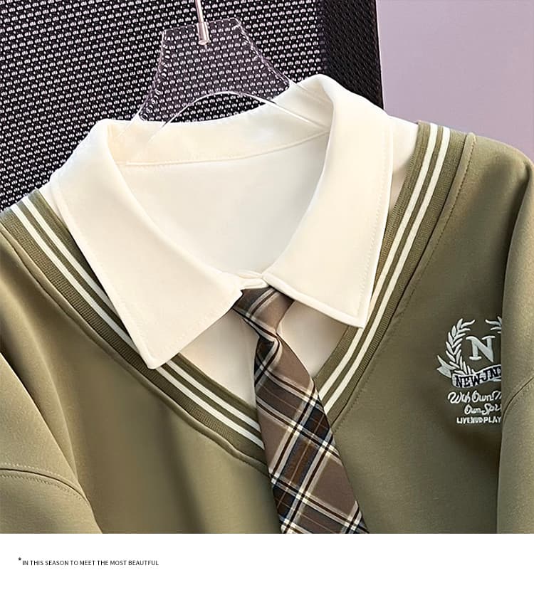 실사 2026 가을 새로운 패션 다용도 루즈핏 외국 가스 알파벳 자수 POLO 칼라 패치워크 색상 후드티 여성 셔츠 상세 이미지 21
