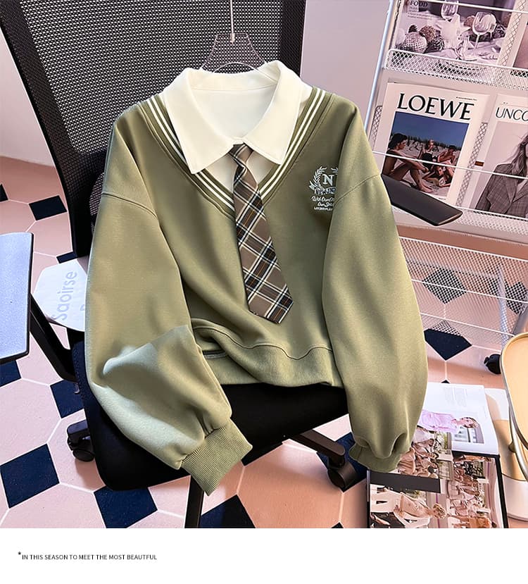 실사 2026 가을 새로운 패션 다용도 루즈핏 외국 가스 알파벳 자수 POLO 칼라 패치워크 색상 후드티 여성 셔츠 상세 이미지 22