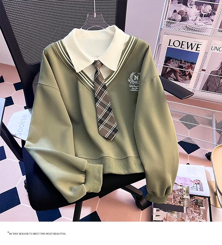 실사 2026 가을 새로운 패션 다용도 루즈핏 외국 가스 알파벳 자수 POLO 칼라 패치워크 색상 후드티 여성 셔츠 상세 이미지 24