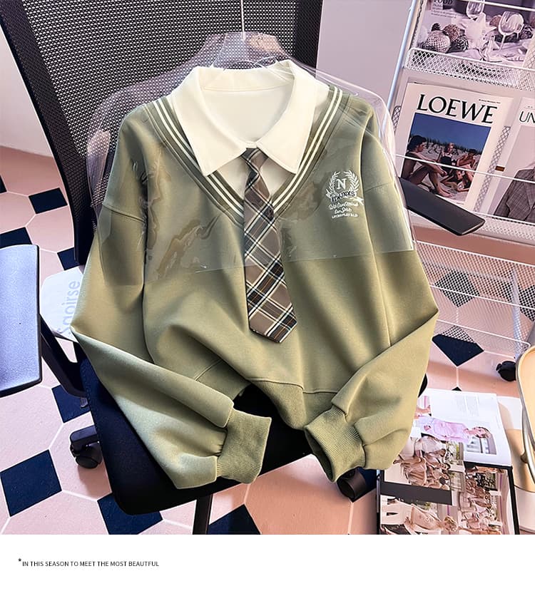 실사 2026 가을 새로운 패션 다용도 루즈핏 외국 가스 알파벳 자수 POLO 칼라 패치워크 색상 후드티 여성 셔츠 상세 이미지 27