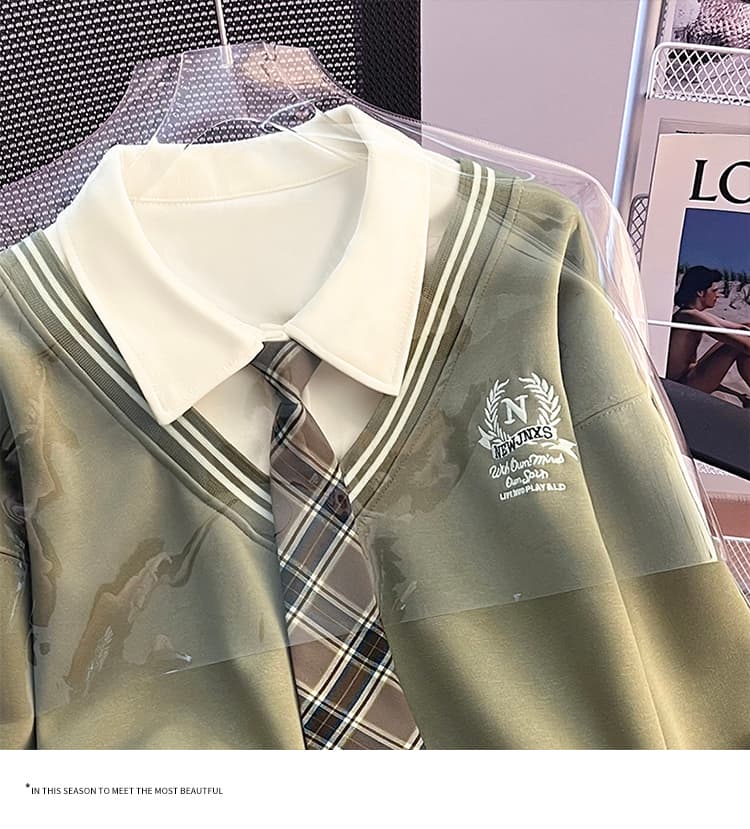 실사 2026 가을 새로운 패션 다용도 루즈핏 외국 가스 알파벳 자수 POLO 칼라 패치워크 색상 후드티 여성 셔츠 상세 이미지 28