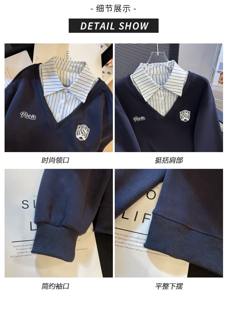 2026 가을 새로운 패션 다용도 루즈핏 외국 가스 알파벳 자수 POLO 칼라 패치워크 색상 후드티 여성 셔츠 상세 이미지 5