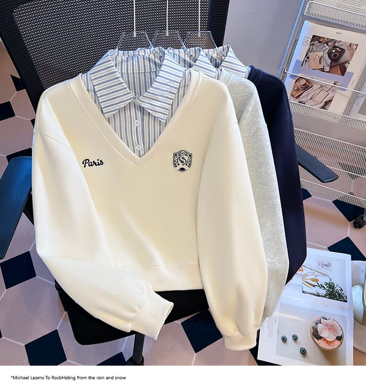 2026 가을 새로운 패션 다용도 루즈핏 외국 가스 알파벳 자수 POLO 칼라 패치워크 색상 후드티 여성 셔츠 상세 이미지 11