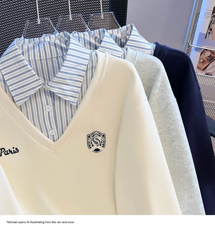 2026 가을 새로운 패션 다용도 루즈핏 외국 가스 알파벳 자수 POLO 칼라 패치워크 색상 후드티 여성 셔츠 상세 이미지 12