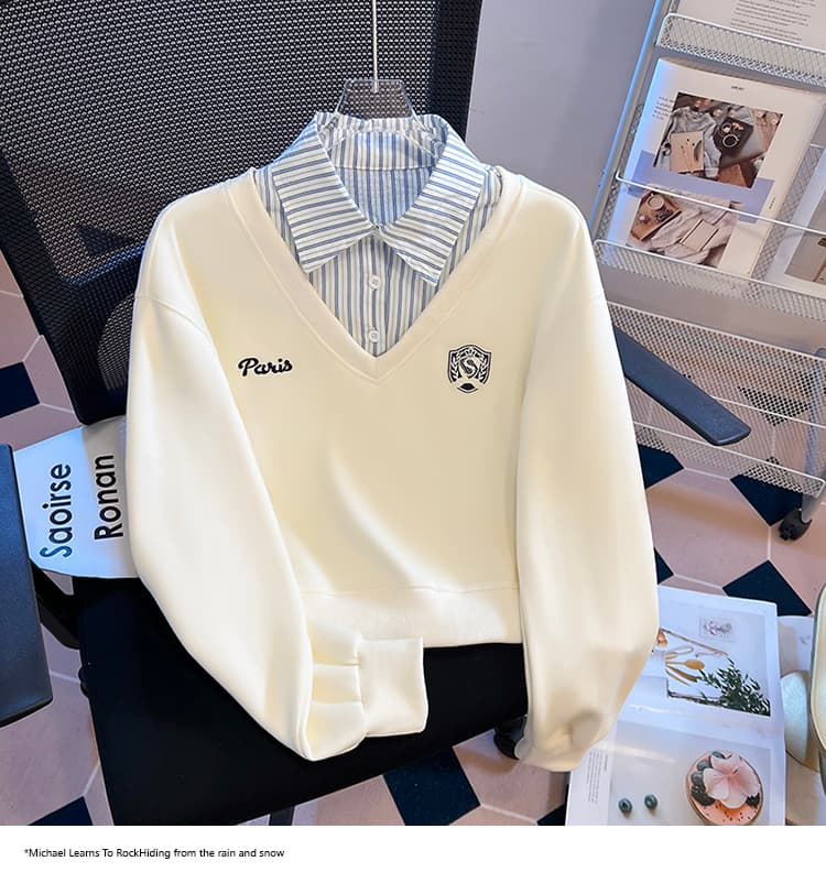 2026 가을 새로운 패션 다용도 루즈핏 외국 가스 알파벳 자수 POLO 칼라 패치워크 색상 후드티 여성 셔츠 상세 이미지 13