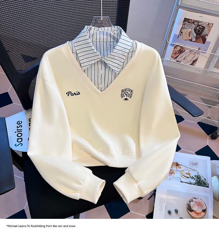 2026 가을 새로운 패션 다용도 루즈핏 외국 가스 알파벳 자수 POLO 칼라 패치워크 색상 후드티 여성 셔츠 상세 이미지 14