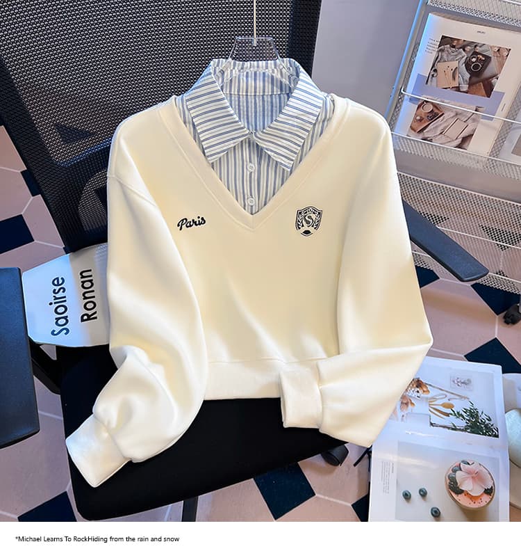 2026 가을 새로운 패션 다용도 루즈핏 외국 가스 알파벳 자수 POLO 칼라 패치워크 색상 후드티 여성 셔츠 상세 이미지 15