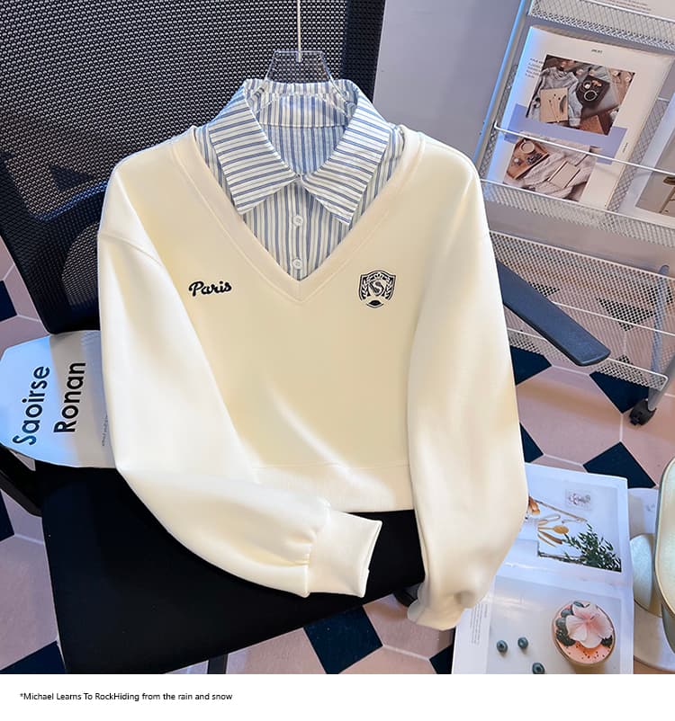 2026 가을 새로운 패션 다용도 루즈핏 외국 가스 알파벳 자수 POLO 칼라 패치워크 색상 후드티 여성 셔츠 상세 이미지 16