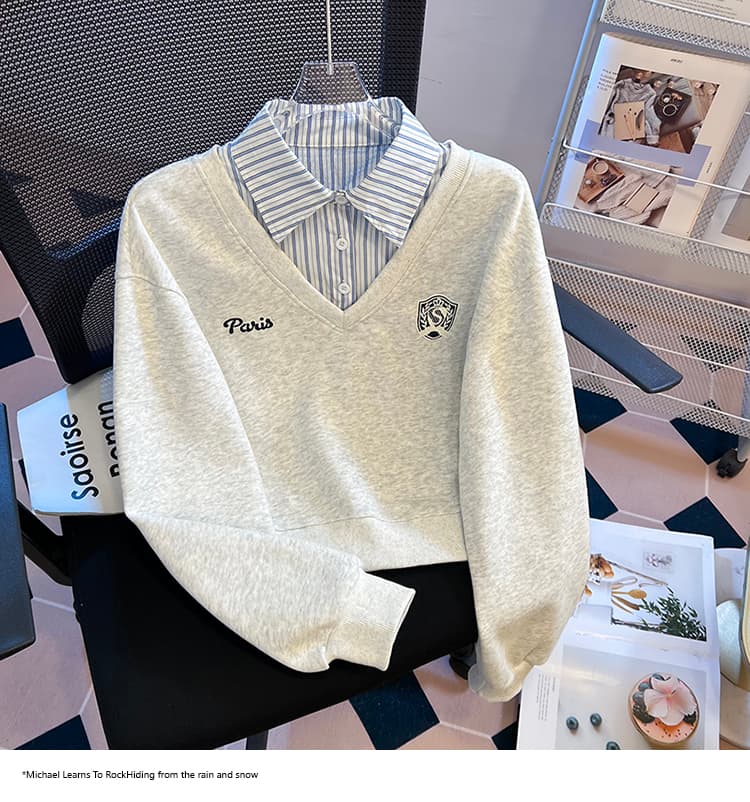 2026 가을 새로운 패션 다용도 루즈핏 외국 가스 알파벳 자수 POLO 칼라 패치워크 색상 후드티 여성 셔츠 상세 이미지 18
