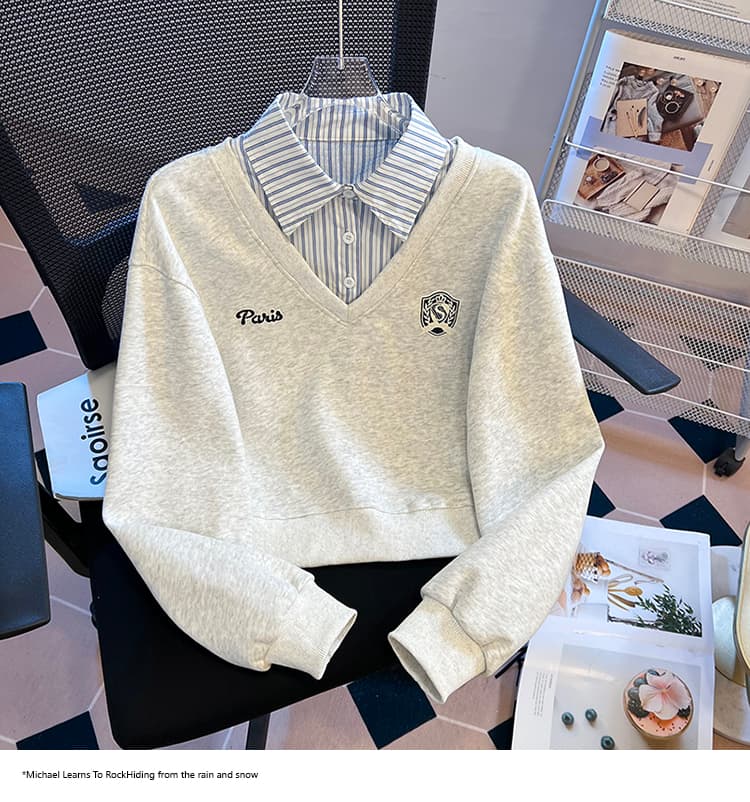 2026 가을 새로운 패션 다용도 루즈핏 외국 가스 알파벳 자수 POLO 칼라 패치워크 색상 후드티 여성 셔츠 상세 이미지 19