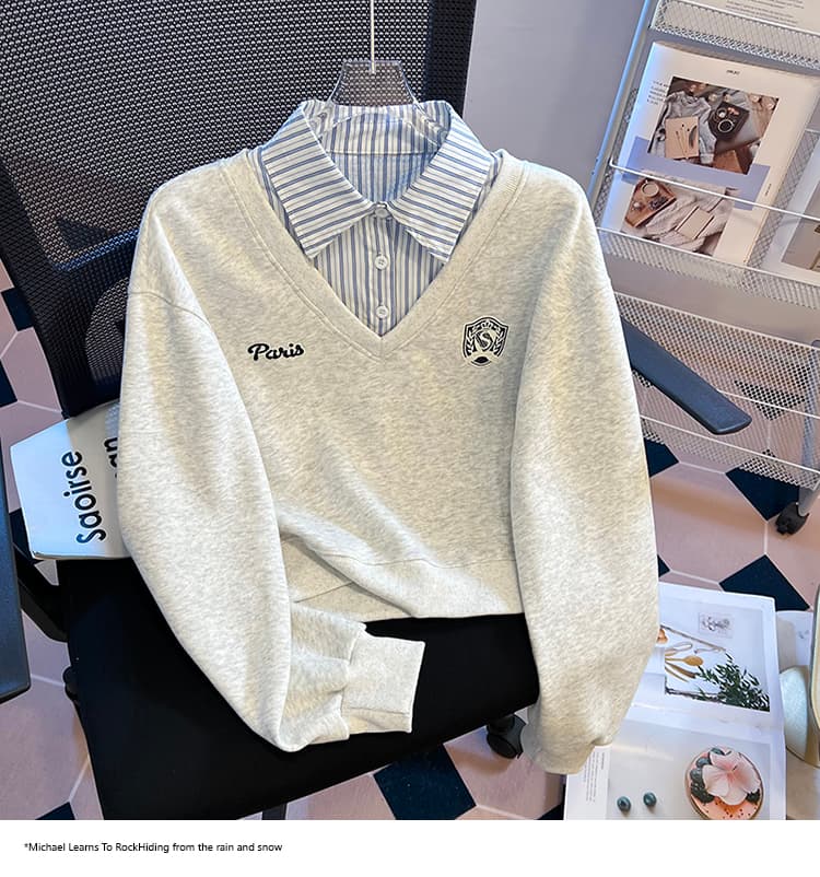 2026 가을 새로운 패션 다용도 루즈핏 외국 가스 알파벳 자수 POLO 칼라 패치워크 색상 후드티 여성 셔츠 상세 이미지 20