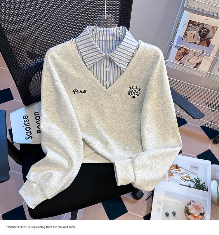 2026 가을 새로운 패션 다용도 루즈핏 외국 가스 알파벳 자수 POLO 칼라 패치워크 색상 후드티 여성 셔츠 상세 이미지 21
