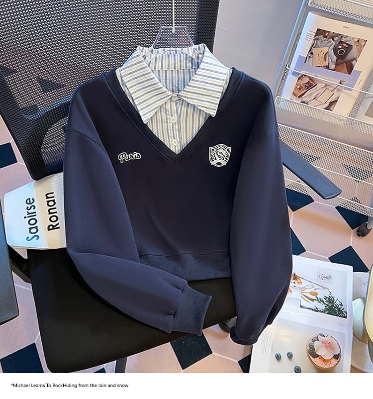 2026 가을 새로운 패션 다용도 루즈핏 외국 가스 알파벳 자수 POLO 칼라 패치워크 색상 후드티 여성 셔츠 상세 이미지 23