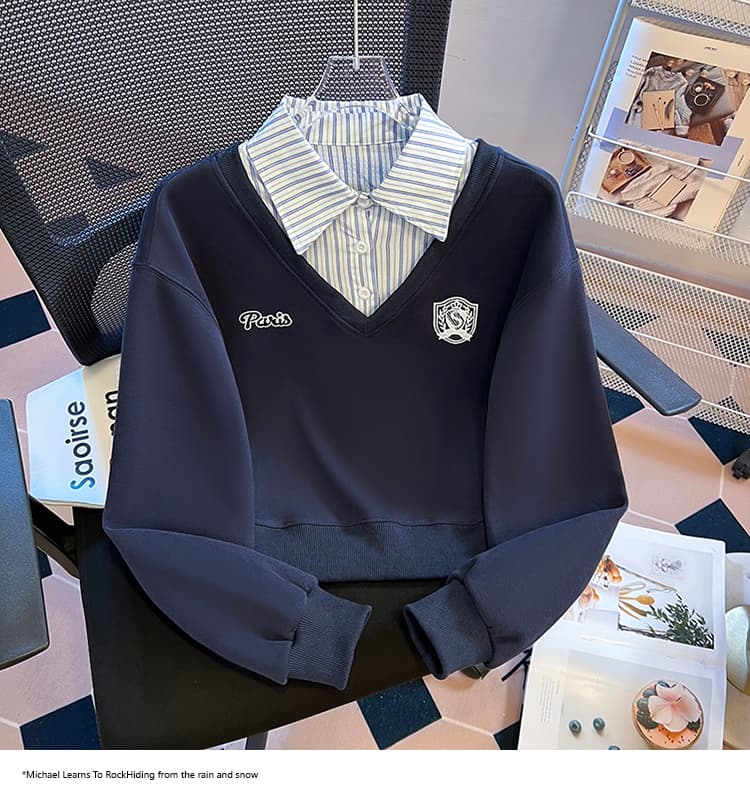 2026 가을 새로운 패션 다용도 루즈핏 외국 가스 알파벳 자수 POLO 칼라 패치워크 색상 후드티 여성 셔츠 상세 이미지 24
