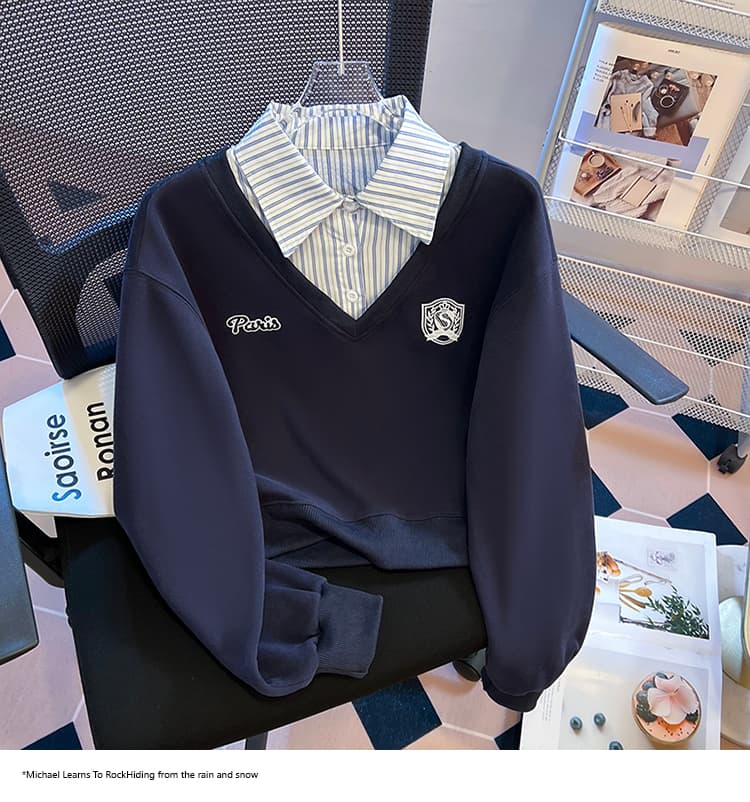 2026 가을 새로운 패션 다용도 루즈핏 외국 가스 알파벳 자수 POLO 칼라 패치워크 색상 후드티 여성 셔츠 상세 이미지 25