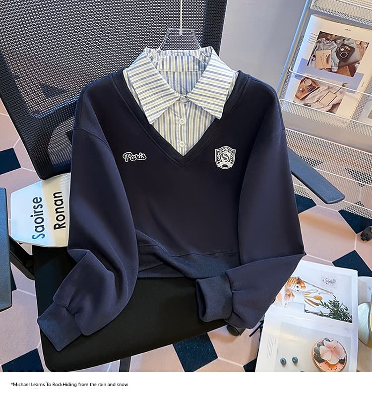 2026 가을 새로운 패션 다용도 루즈핏 외국 가스 알파벳 자수 POLO 칼라 패치워크 색상 후드티 여성 셔츠 상세 이미지 26