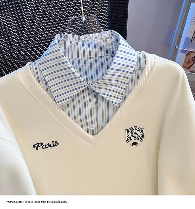 2026 가을 새로운 패션 다용도 루즈핏 외국 가스 알파벳 자수 POLO 칼라 패치워크 색상 후드티 여성 셔츠 상세 이미지 28