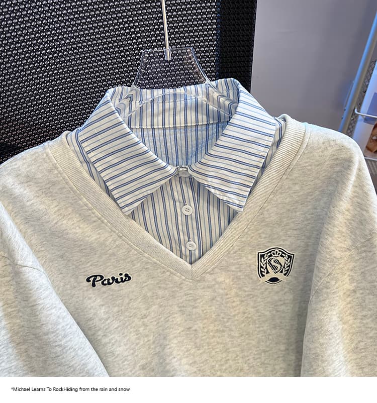 2026 가을 새로운 패션 다용도 루즈핏 외국 가스 알파벳 자수 POLO 칼라 패치워크 색상 후드티 여성 셔츠 상세 이미지 33