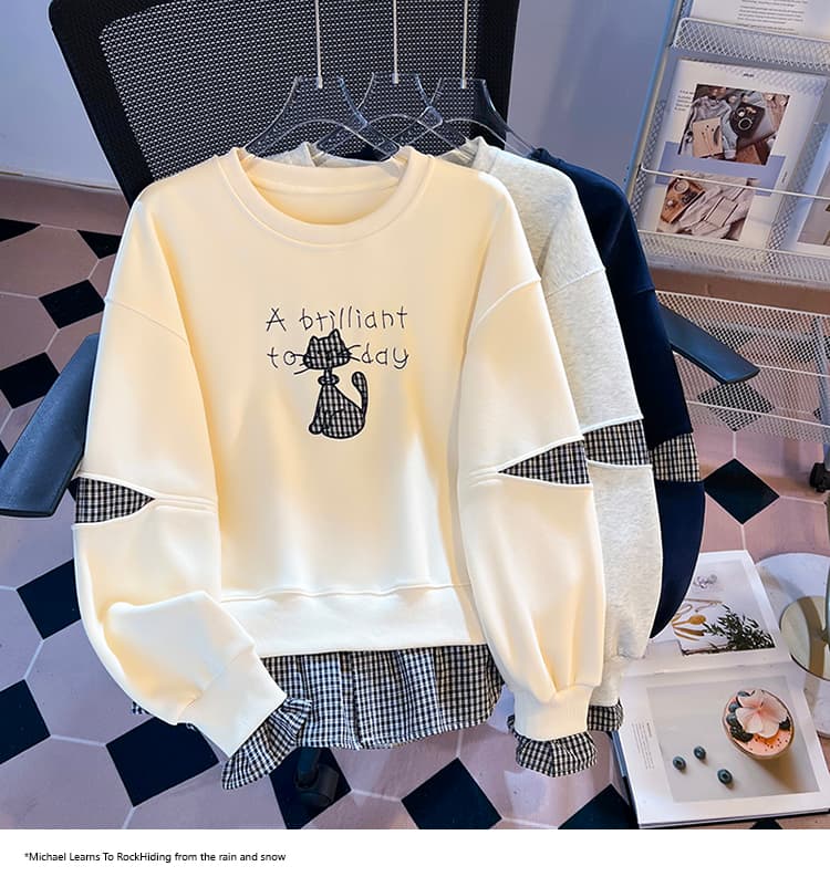 실사 2026 가을 새로운 작은 청신 고양이 자수 패치워크 맨위 슬림해 보이는 다용도 학원 스타일 후드티 여성 상세 이미지 11