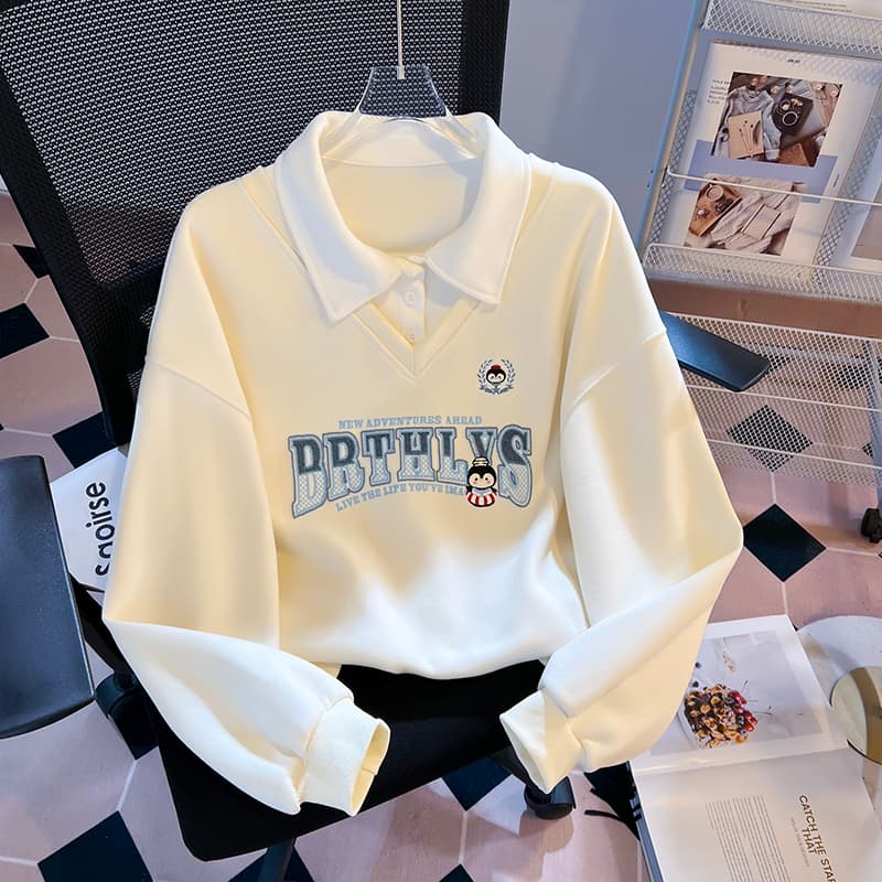 실사 2026 가을 새로운 POLO 칼라 페이크 레이어드 작은 청신 문예 팬 루즈핏 패션 디자인 센스 후드티 여성 이미지 3