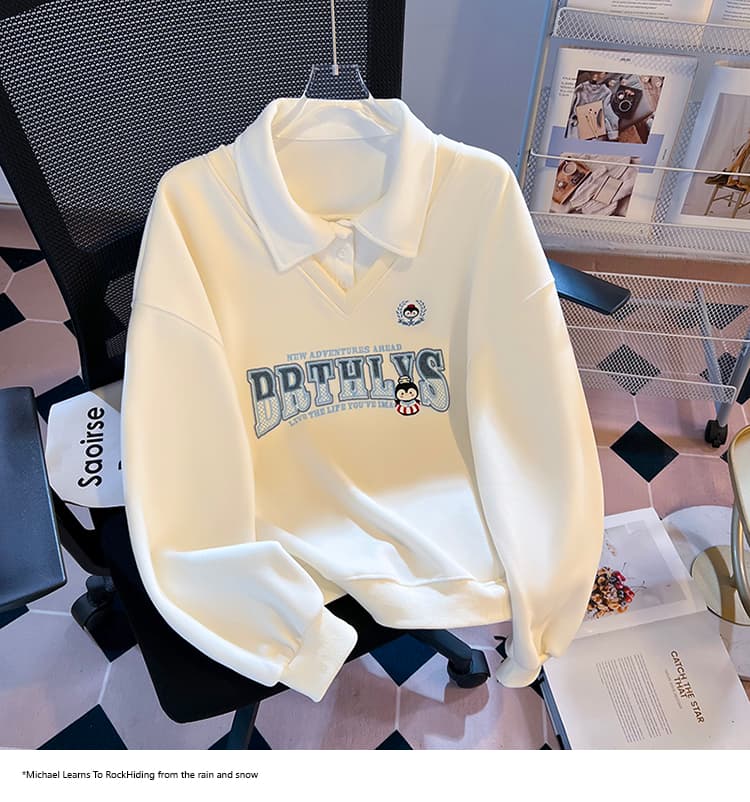 실사 2026 가을 새로운 POLO 칼라 페이크 레이어드 작은 청신 문예 팬 루즈핏 패션 디자인 센스 후드티 여성 상세 이미지 14