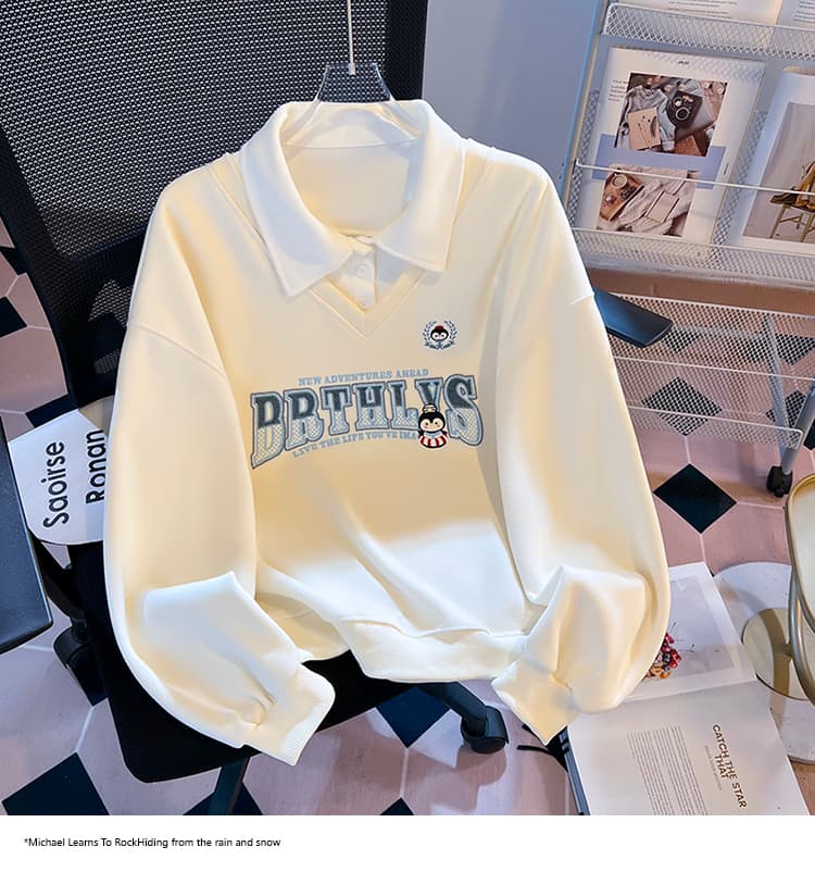 실사 2026 가을 새로운 POLO 칼라 페이크 레이어드 작은 청신 문예 팬 루즈핏 패션 디자인 센스 후드티 여성 상세 이미지 15