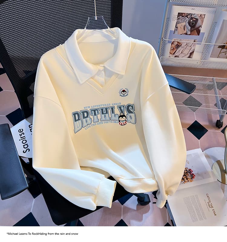 실사 2026 가을 새로운 POLO 칼라 페이크 레이어드 작은 청신 문예 팬 루즈핏 패션 디자인 센스 후드티 여성 상세 이미지 17