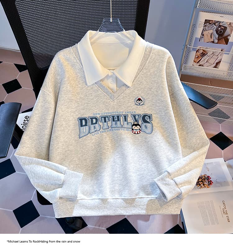 실사 2026 가을 새로운 POLO 칼라 페이크 레이어드 작은 청신 문예 팬 루즈핏 패션 디자인 센스 후드티 여성 상세 이미지 19