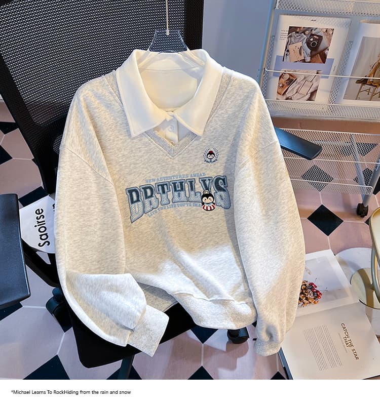 실사 2026 가을 새로운 POLO 칼라 페이크 레이어드 작은 청신 문예 팬 루즈핏 패션 디자인 센스 후드티 여성 상세 이미지 20