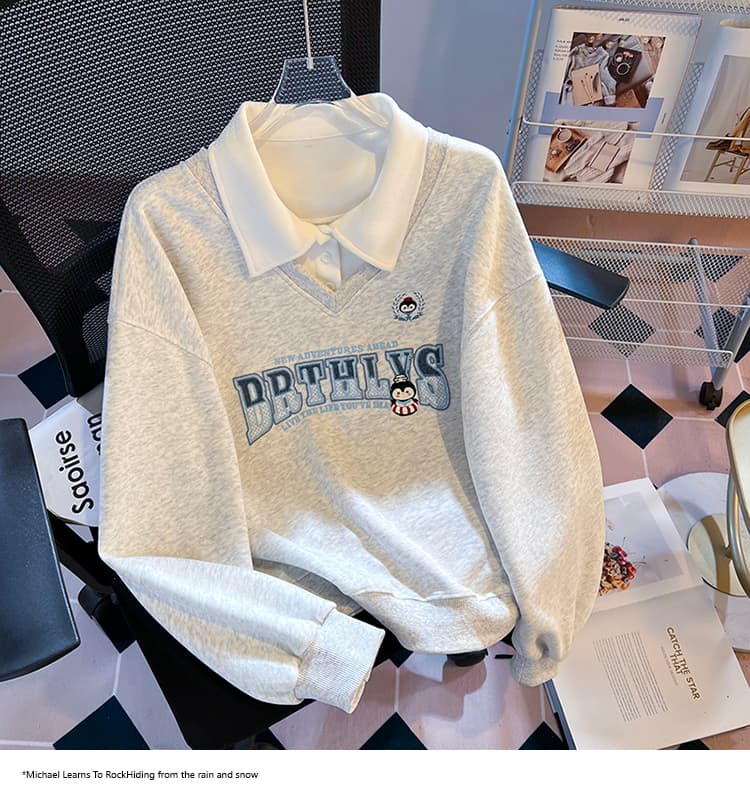 실사 2026 가을 새로운 POLO 칼라 페이크 레이어드 작은 청신 문예 팬 루즈핏 패션 디자인 센스 후드티 여성 상세 이미지 21