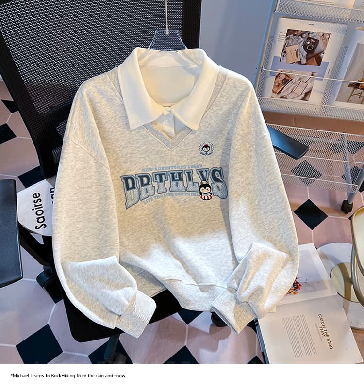 실사 2026 가을 새로운 POLO 칼라 페이크 레이어드 작은 청신 문예 팬 루즈핏 패션 디자인 센스 후드티 여성 상세 이미지 22