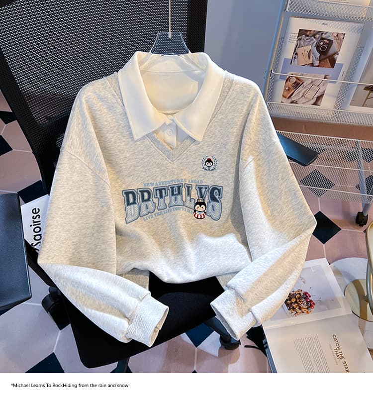 실사 2026 가을 새로운 POLO 칼라 페이크 레이어드 작은 청신 문예 팬 루즈핏 패션 디자인 센스 후드티 여성 상세 이미지 23
