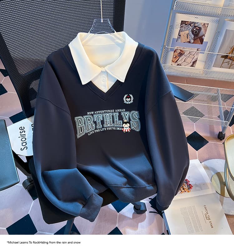 실사 2026 가을 새로운 POLO 칼라 페이크 레이어드 작은 청신 문예 팬 루즈핏 패션 디자인 센스 후드티 여성 상세 이미지 26