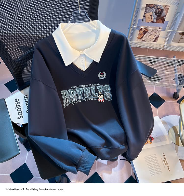 실사 2026 가을 새로운 POLO 칼라 페이크 레이어드 작은 청신 문예 팬 루즈핏 패션 디자인 센스 후드티 여성 상세 이미지 27