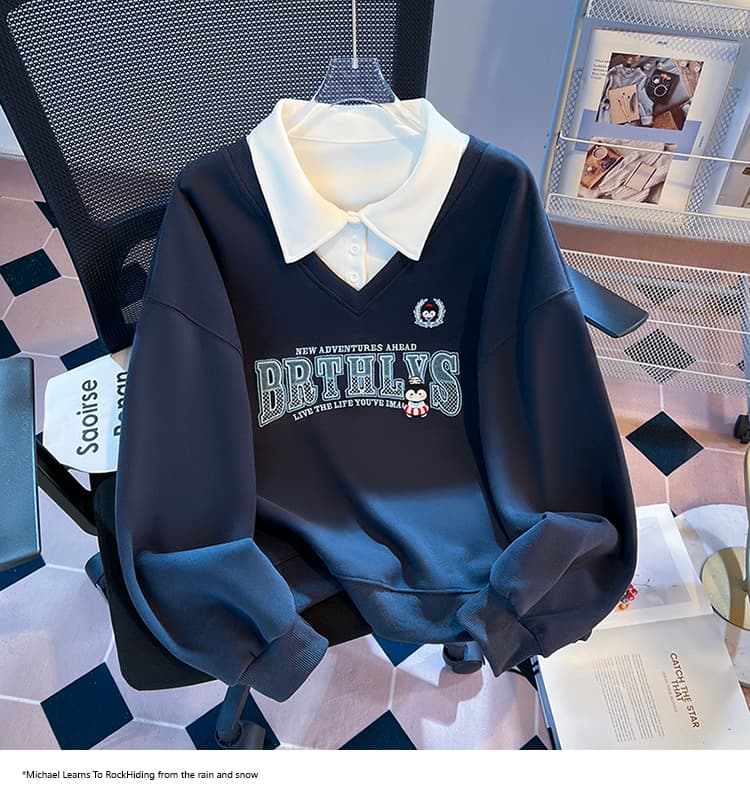 실사 2026 가을 새로운 POLO 칼라 페이크 레이어드 작은 청신 문예 팬 루즈핏 패션 디자인 센스 후드티 여성 상세 이미지 28