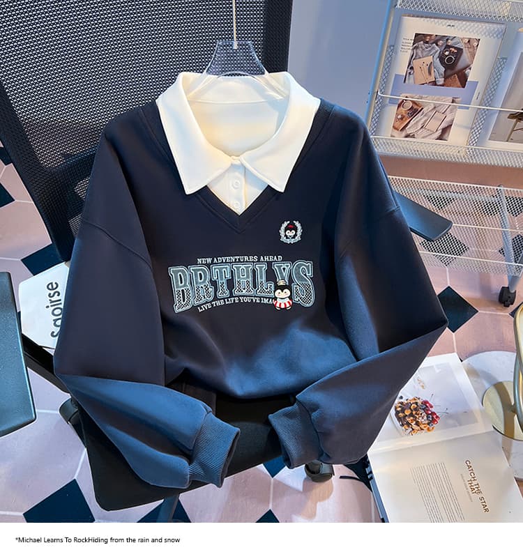 실사 2026 가을 새로운 POLO 칼라 페이크 레이어드 작은 청신 문예 팬 루즈핏 패션 디자인 센스 후드티 여성 상세 이미지 29