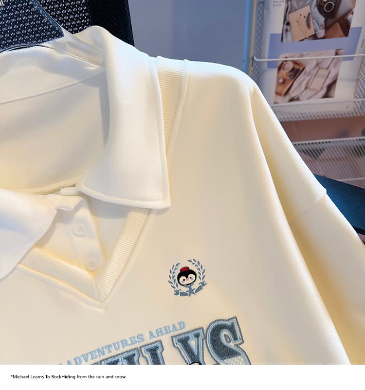 실사 2026 가을 새로운 POLO 칼라 페이크 레이어드 작은 청신 문예 팬 루즈핏 패션 디자인 센스 후드티 여성 상세 이미지 32