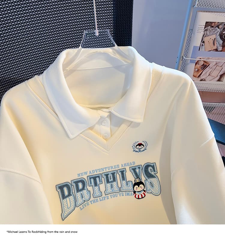 실사 2026 가을 새로운 POLO 칼라 페이크 레이어드 작은 청신 문예 팬 루즈핏 패션 디자인 센스 후드티 여성 상세 이미지 36