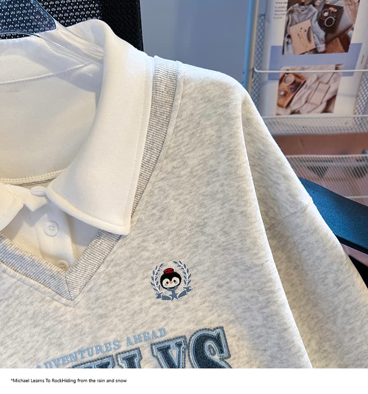 실사 2026 가을 새로운 POLO 칼라 페이크 레이어드 작은 청신 문예 팬 루즈핏 패션 디자인 센스 후드티 여성 상세 이미지 38