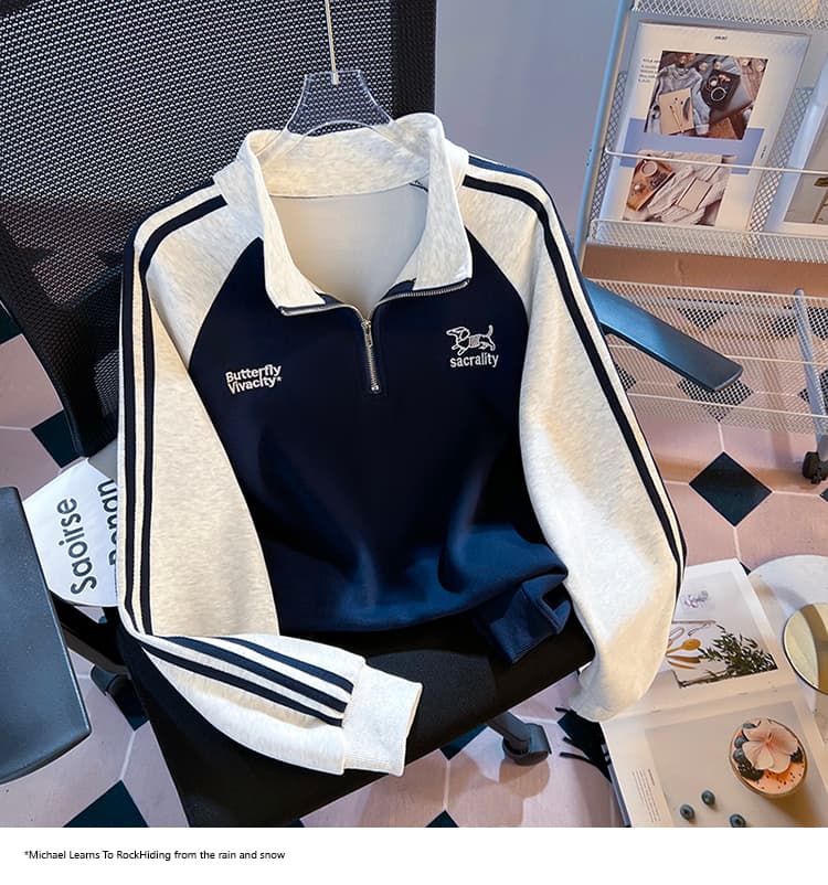 실사 2026 가을 새로운 한국 스타일 패치워크 지퍼 자수 루즈핏 다용도 단색 작은 청신 후드티 여성 셔츠 상세 이미지 16
