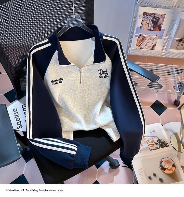 실사 2026 가을 새로운 한국 스타일 패치워크 지퍼 자수 루즈핏 다용도 단색 작은 청신 후드티 여성 셔츠 상세 이미지 22