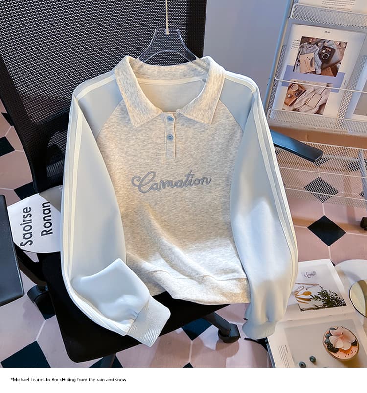 실사 2026 가을 새로운 POLO 칼라 작은 청신 문예 팬 다용도 루즈핏 패션 자수 디자인 센스 후드티 상세 이미지 14