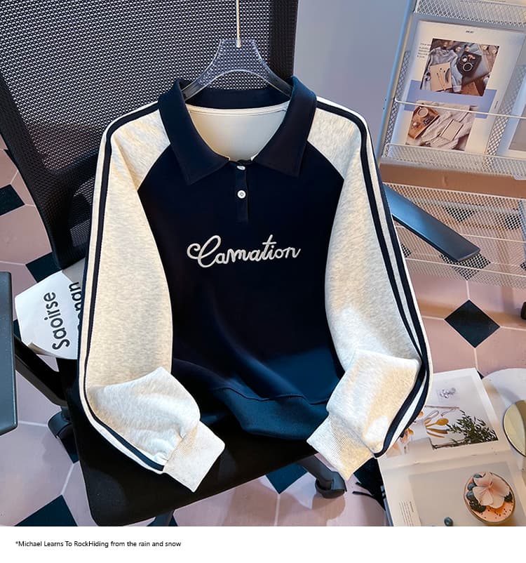 실사 2026 가을 새로운 POLO 칼라 작은 청신 문예 팬 다용도 루즈핏 패션 자수 디자인 센스 후드티 상세 이미지 30