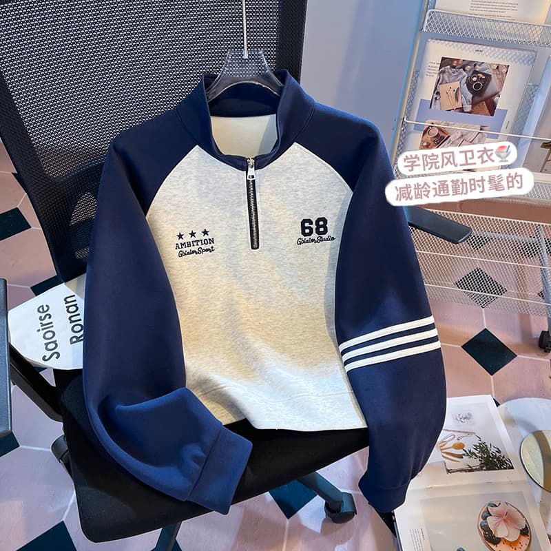 실사 2026 가을 새로운 POLO 칼라 작은 청신 문예 팬 다용도 루즈핏 패션 자수 디자인 센스 후드티 이미지 3