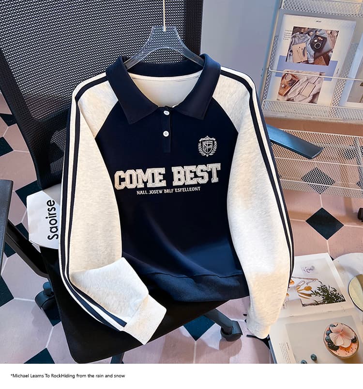 실사 2026 가을 새로운 POLO 칼라 작은 청신 문예 팬 다용도 루즈핏 패션 자수 디자인 센스 후드티 상세 이미지 13