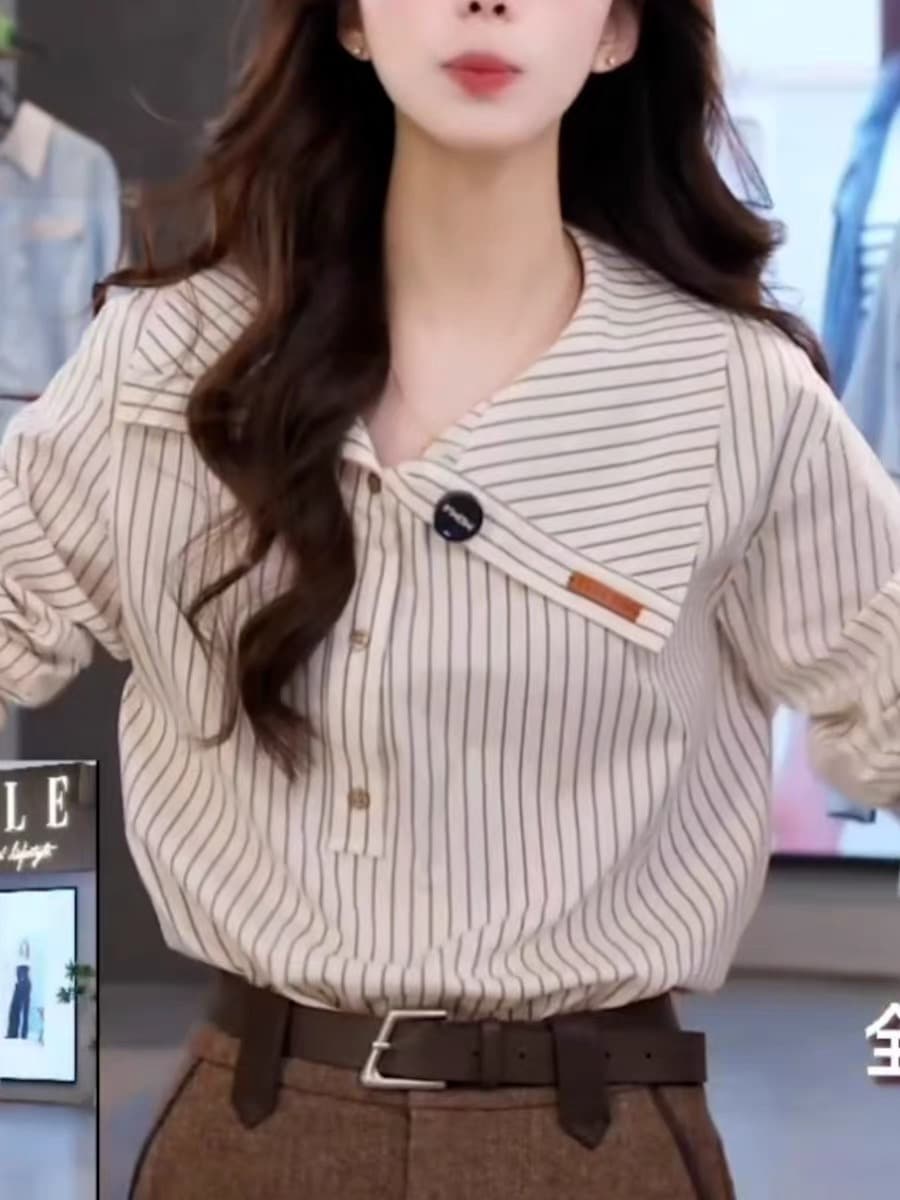 긴팔 여성 셔츠 2025 봄 가을 새로운 한국 스타일 패션 루즈핏 폴로 칼라 스트라이프 셔츠 디자인 센스 외국 가스 맨위 이미지 2