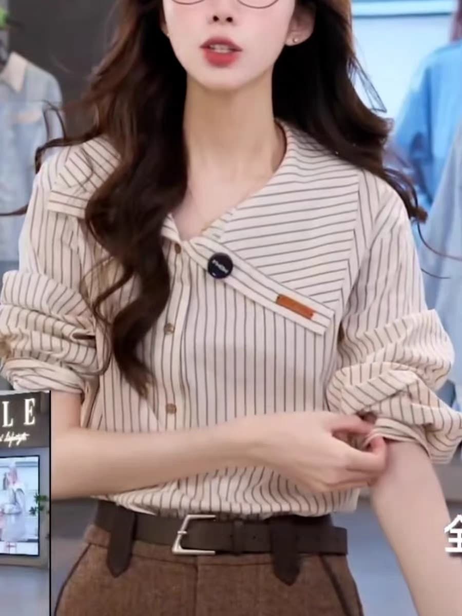 긴팔 여성 셔츠 2025 봄 가을 새로운 한국 스타일 패션 루즈핏 폴로 칼라 스트라이프 셔츠 디자인 센스 외국 가스 맨위 이미지 4