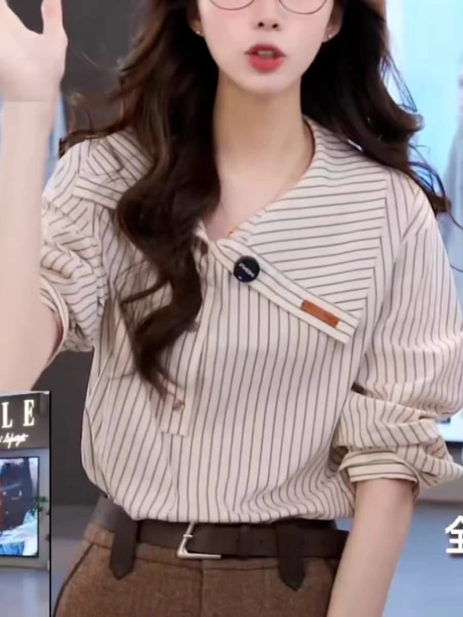 긴팔 여성 셔츠 2025 봄 가을 새로운 한국 스타일 패션 루즈핏 폴로 칼라 스트라이프 셔츠 디자인 센스 외국 가스 맨위 상세 이미지 1
