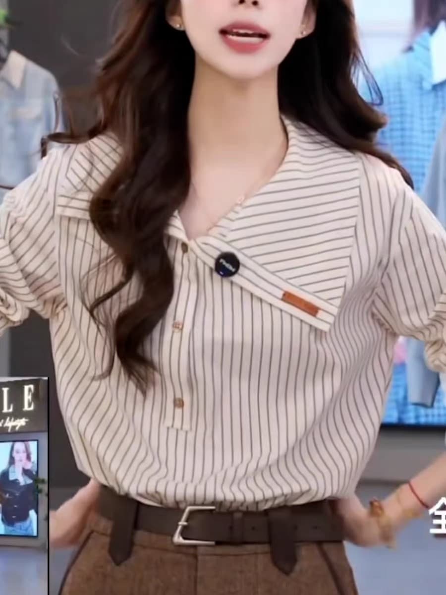 긴팔 여성 셔츠 2025 봄 가을 새로운 한국 스타일 패션 루즈핏 폴로 칼라 스트라이프 셔츠 디자인 센스 외국 가스 맨위 상세 이미지 4