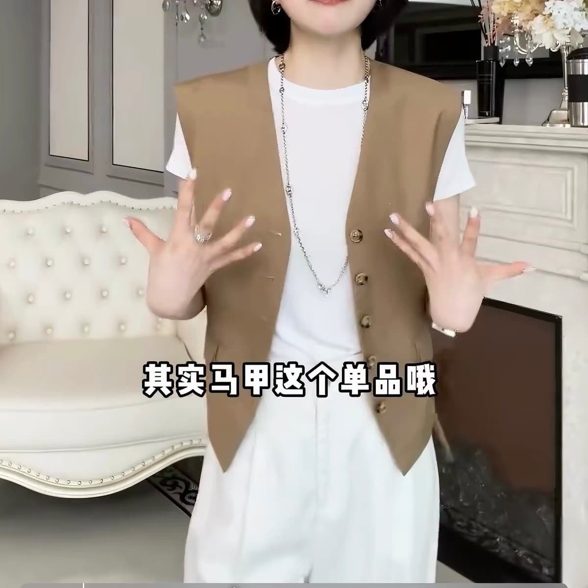 여성 계승자 조기 가을 오래된 돈 바람 작은 키 V넥 정장 조끼 여자 카키 조끼 조끼 이미지 3